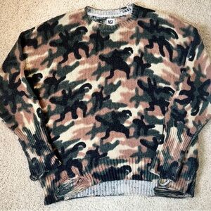 NSF Women’s Camouflage Distressed  Sweater, Size Petite